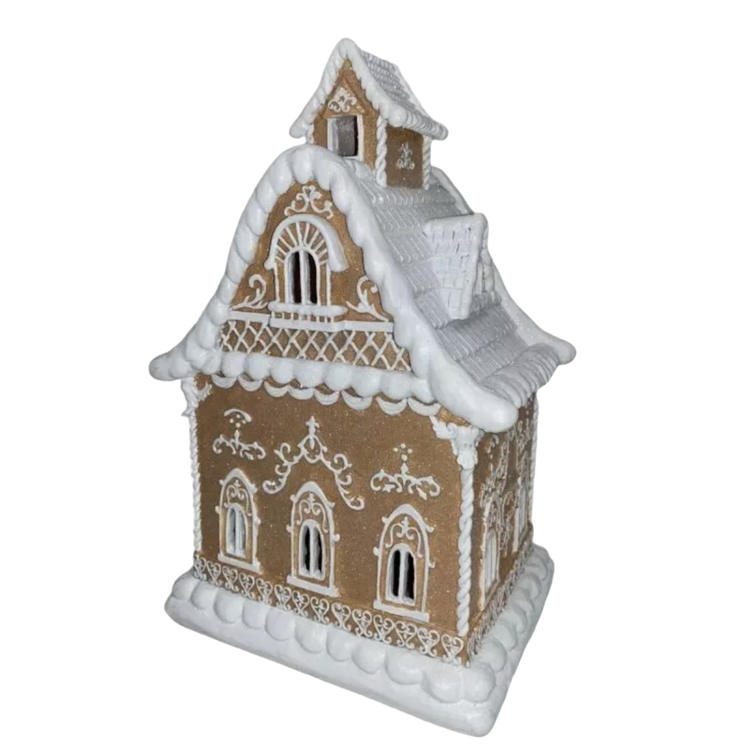 Christmas Light Brown 14" Victorian LED Village Icing GINGERBREAD HOUSE New