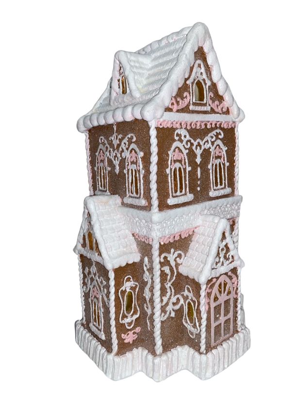 brown with pink trim Victorian gingerbread house