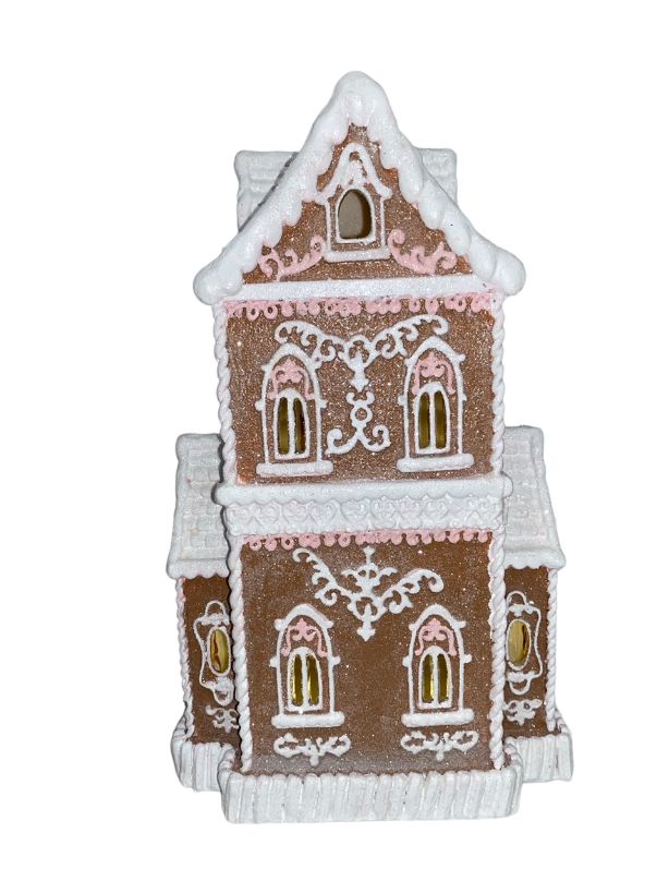 brown with pink trim Victorian gingerbread house