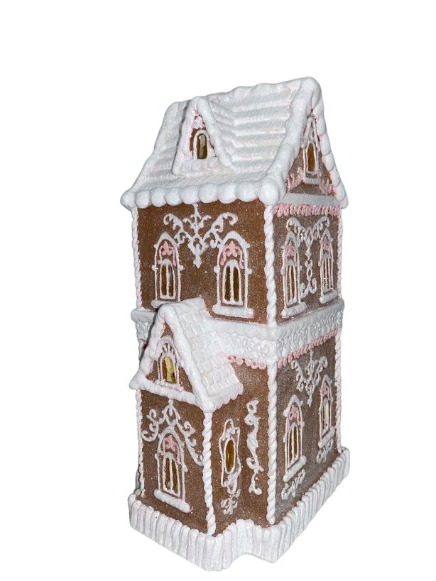 brown with pink trim Victorian gingerbread house