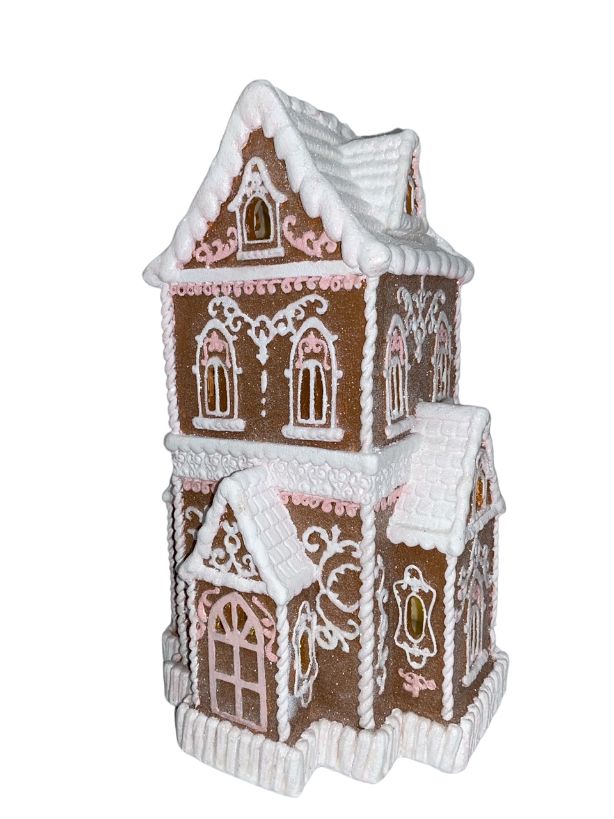 brown with pink trim Victorian gingerbread house