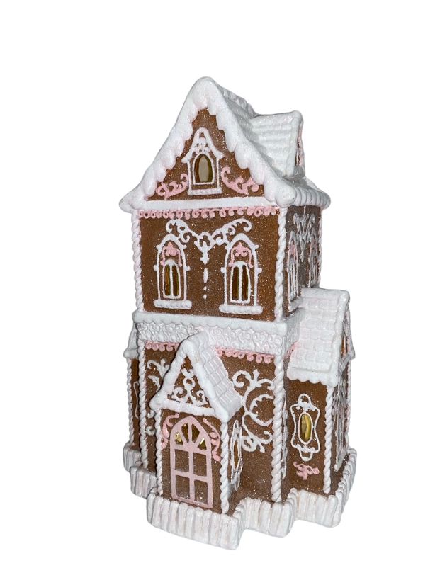 brown with pink trim Victorian gingerbread house