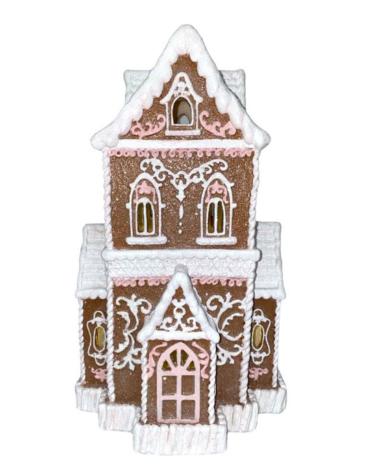 brown with pink trim Victorian gingerbread house