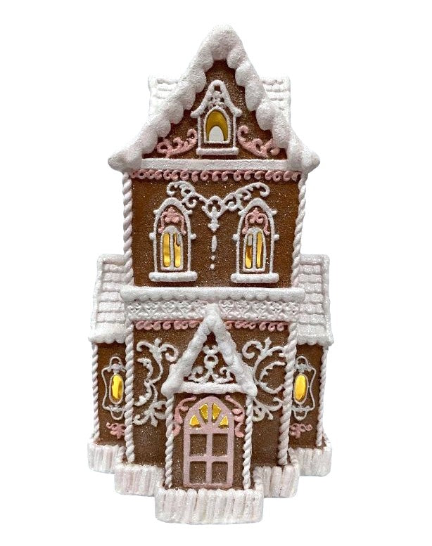 brown with pink trim Victorian gingerbread house