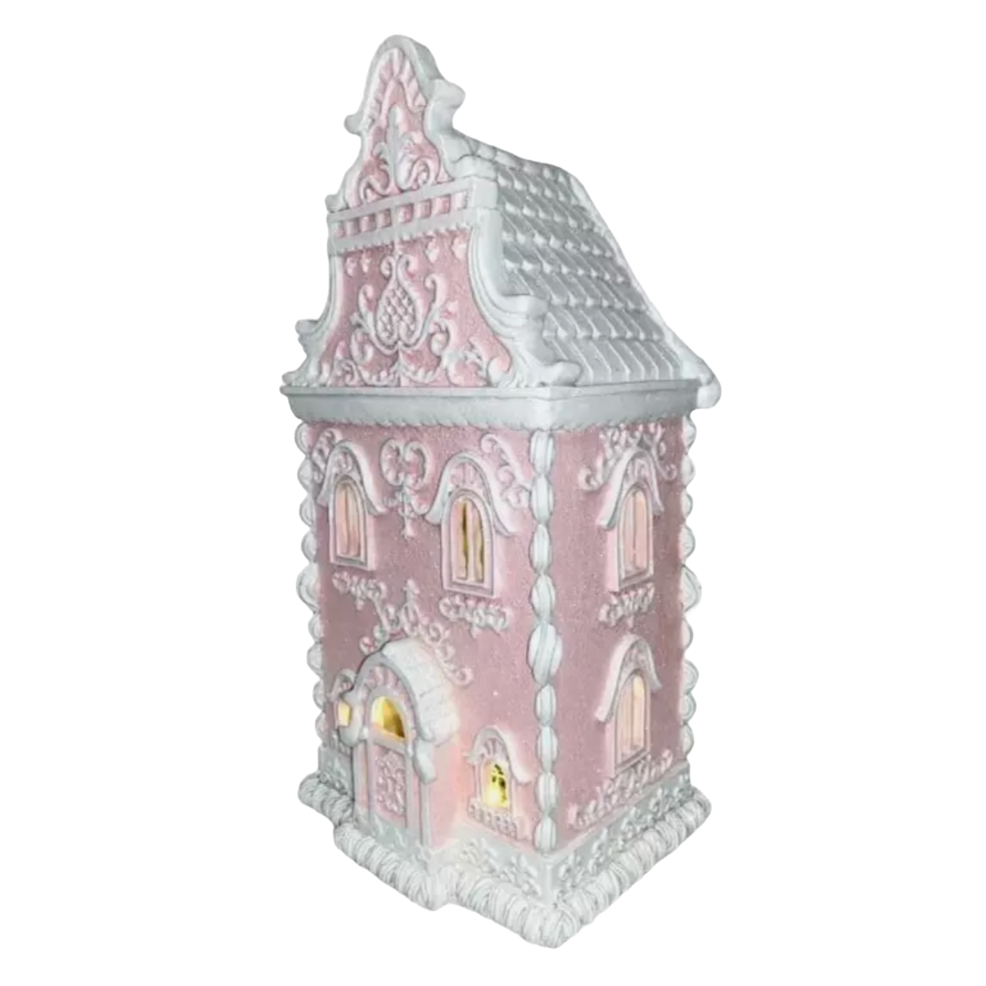 Christmas Pink White Victorian 14" Lighted Hand Painted Gingerbread House NEW