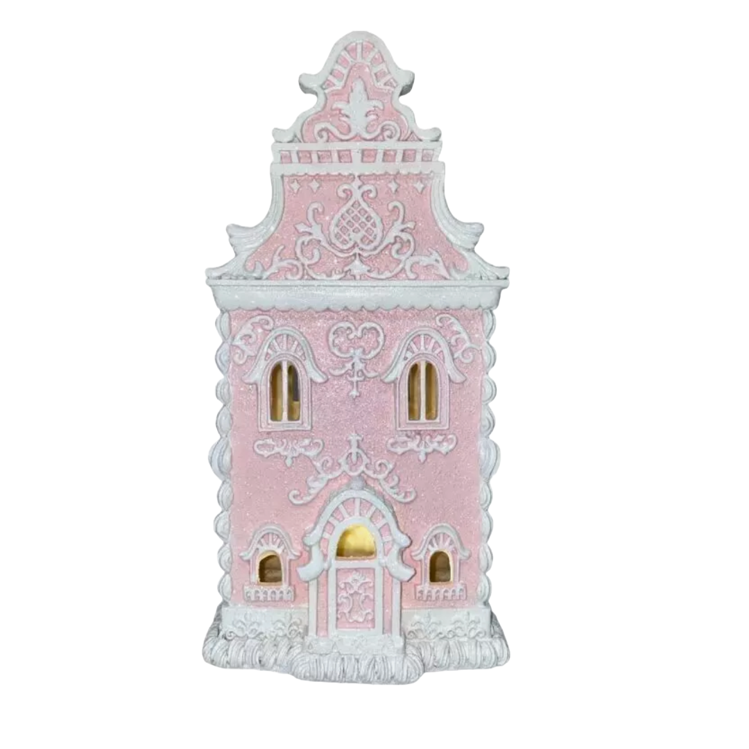 Christmas Pink White Victorian 14" Lighted Hand Painted Gingerbread House NEW