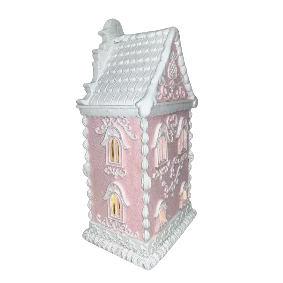 Christmas Pink White Victorian 14" Lighted Hand Painted Gingerbread House NEW