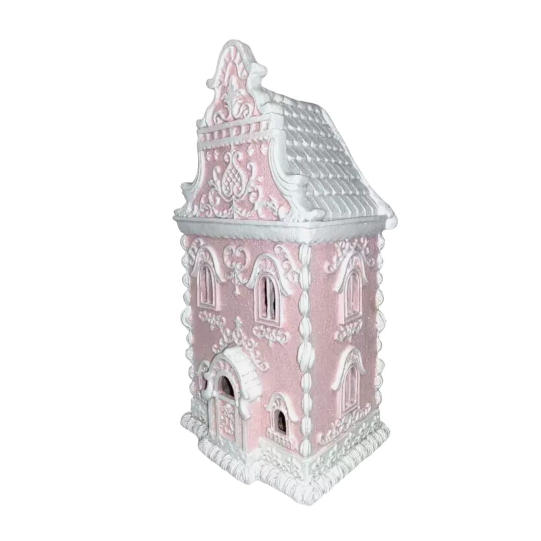 Christmas Pink White Victorian 14" Lighted Hand Painted Gingerbread House NEW