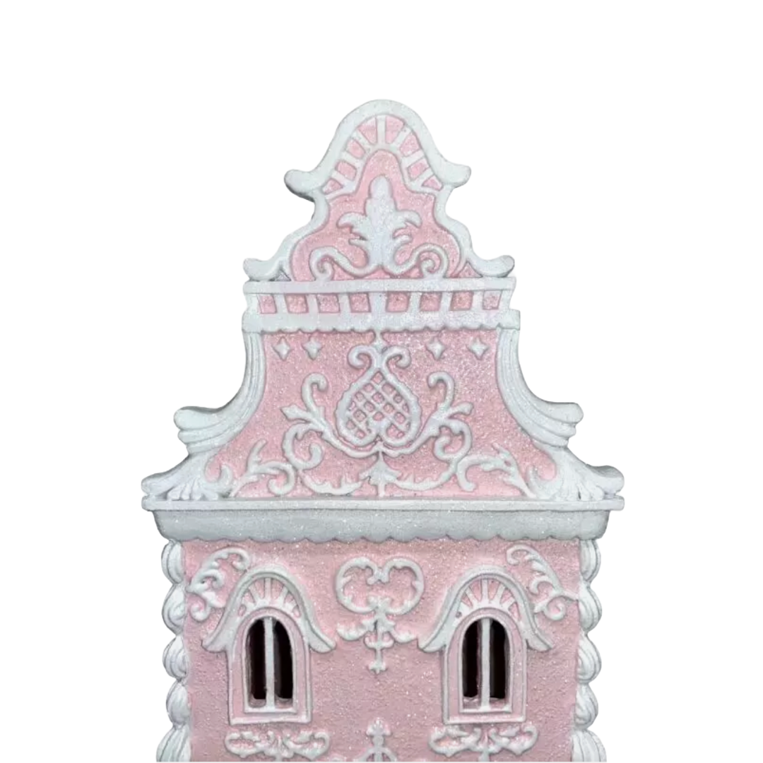 Christmas Pink White Victorian 14" Lighted Hand Painted Gingerbread House NEW