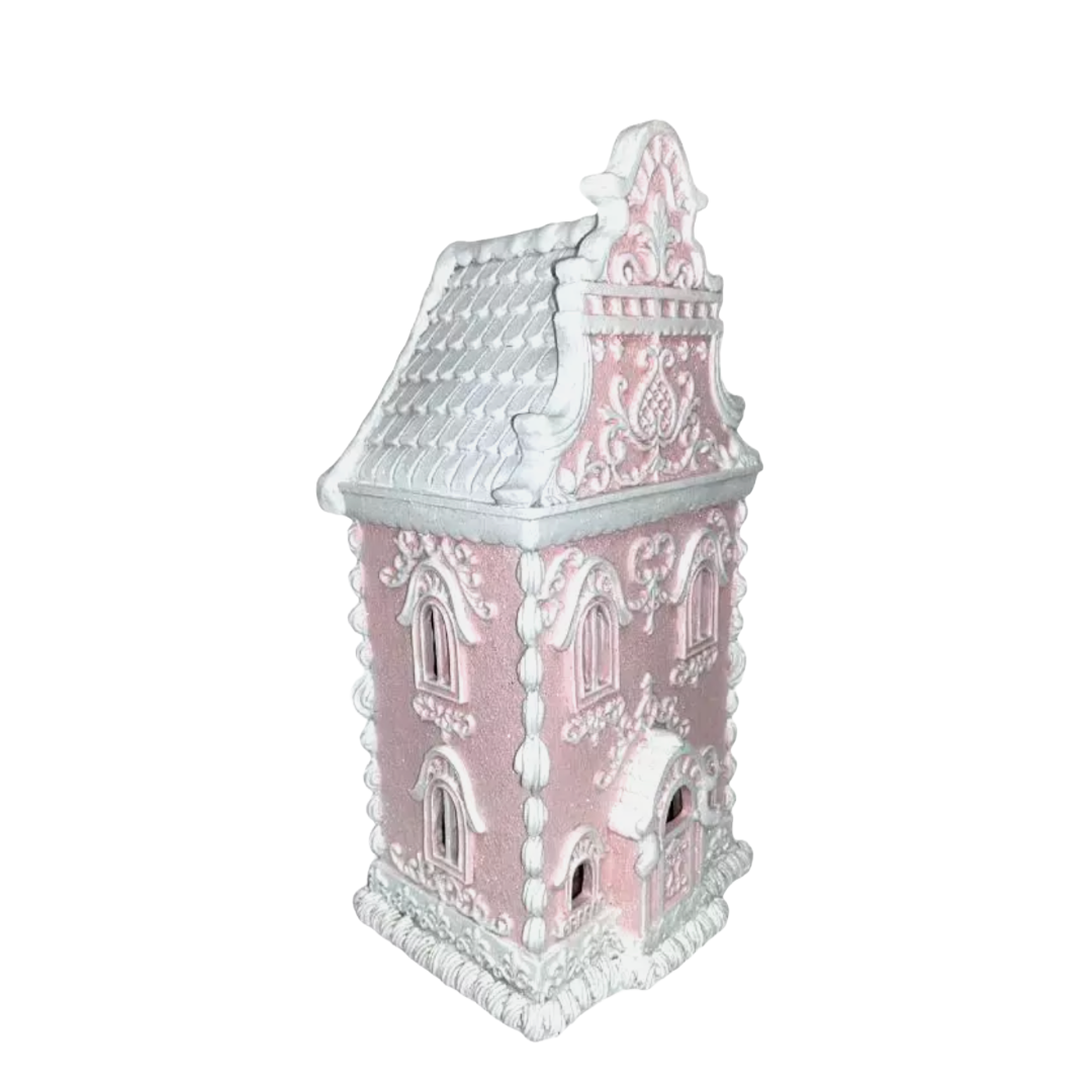 Christmas Pink White Victorian 14" Lighted Hand Painted Gingerbread House NEW