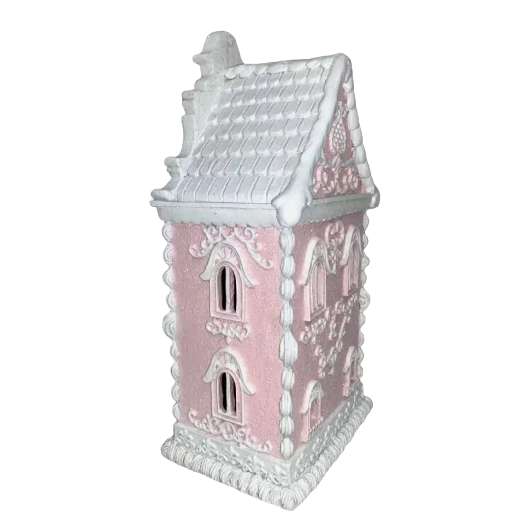 Christmas Pink White Victorian 14" Lighted Hand Painted Gingerbread House NEW