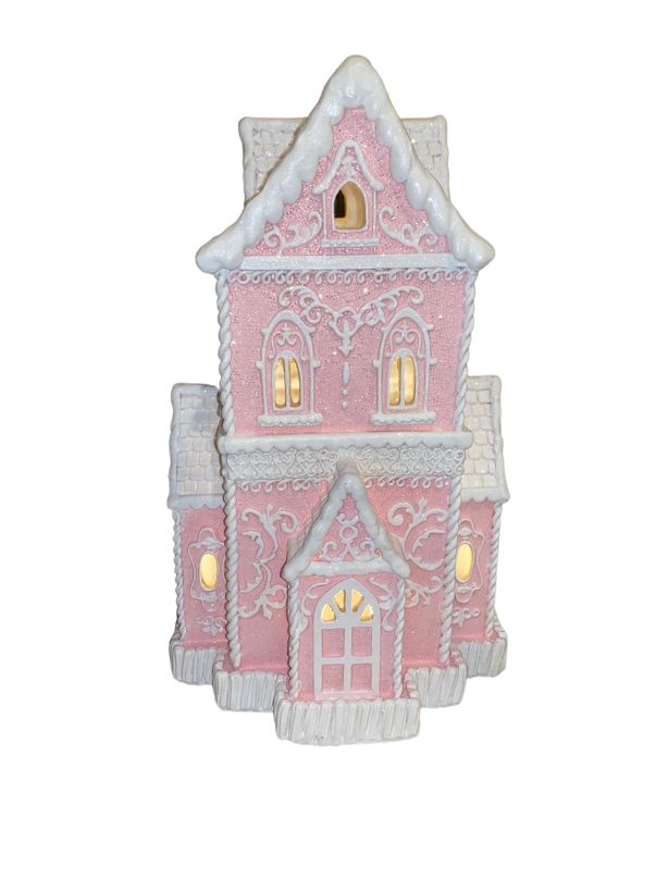 Christmas PINK Victorian Glitter Lighted Gingerbread Hand Painted House 14" NEW