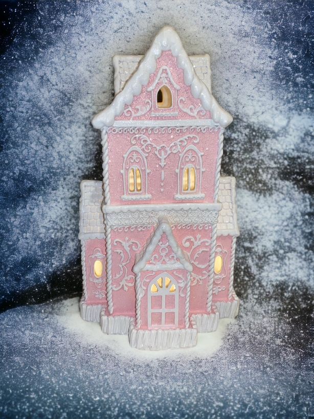 Christmas PINK Victorian Glitter Lighted Gingerbread Hand Painted House 14" NEW