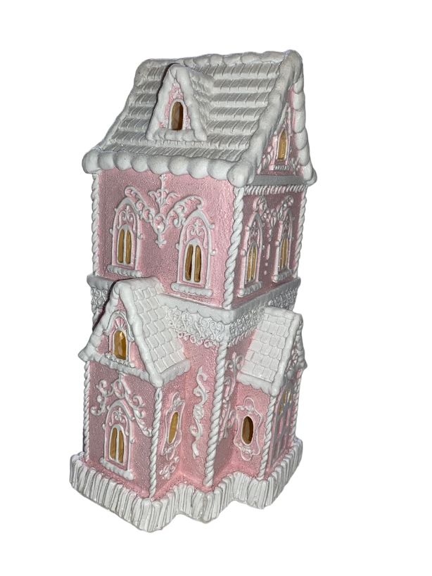 Christmas PINK Victorian Glitter Lighted Gingerbread Hand Painted House 14" NEW