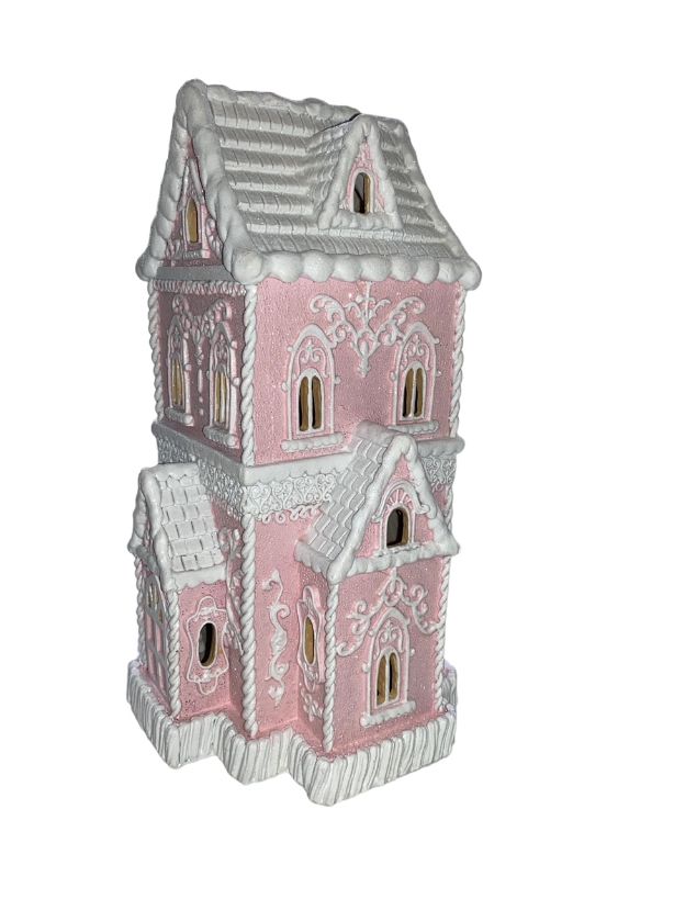 Christmas PINK Victorian Glitter Lighted Gingerbread Hand Painted House 14" NEW