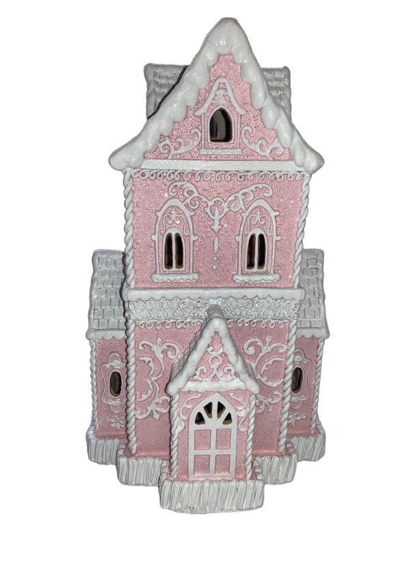 Christmas PINK Victorian Glitter Lighted Gingerbread Hand Painted House 14" NEW