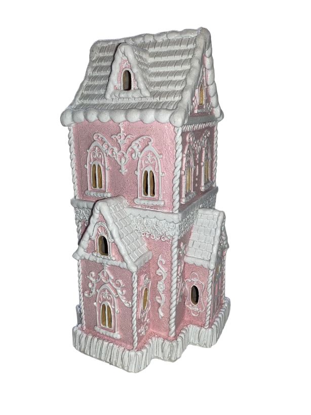 Christmas PINK Victorian Glitter Lighted Gingerbread Hand Painted House 14" NEW