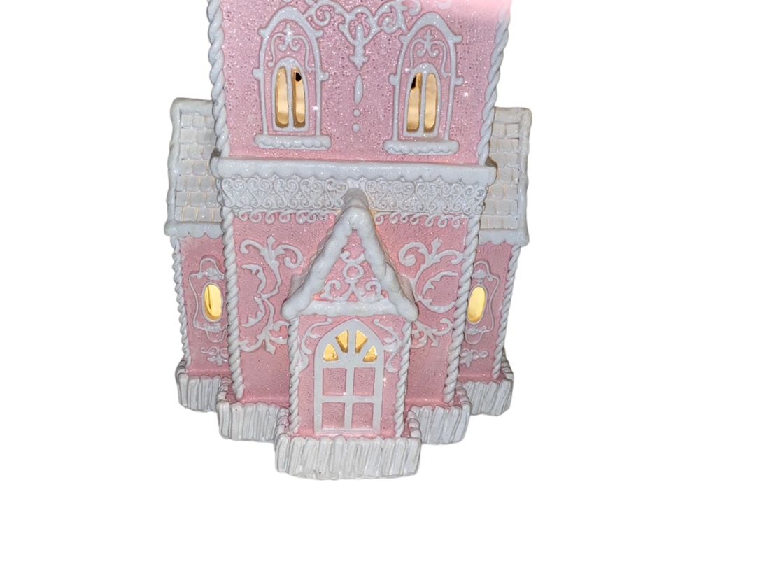 Christmas PINK Victorian Glitter Lighted Gingerbread Hand Painted House 14" NEW