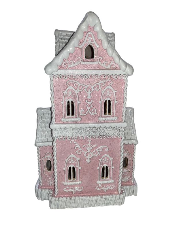 Christmas PINK Victorian Glitter Lighted Gingerbread Hand Painted House 14" NEW