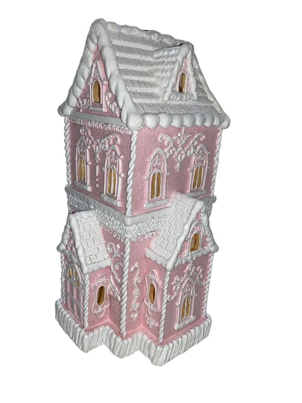 Christmas PINK Victorian Glitter Lighted Gingerbread Hand Painted House 14" NEW