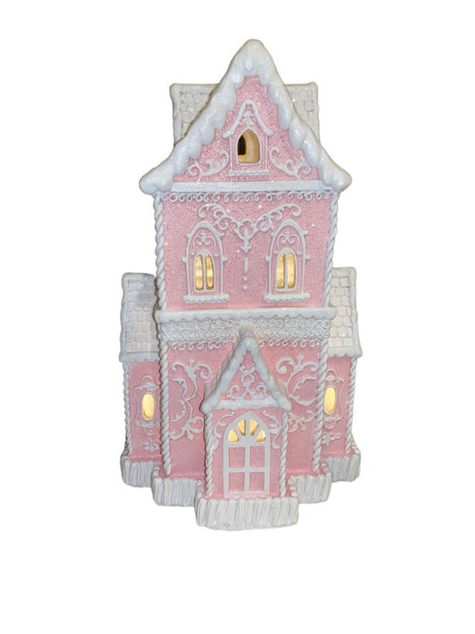 Christmas PINK Victorian Glitter Lighted Gingerbread Hand Painted House 14" NEW