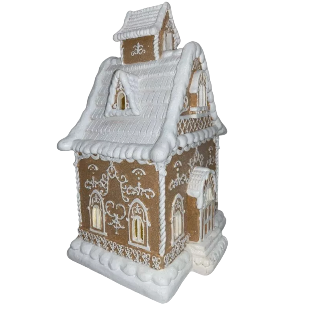 Christmas Light Brown 14" Victorian LED Village Icing GINGERBREAD HOUSE New