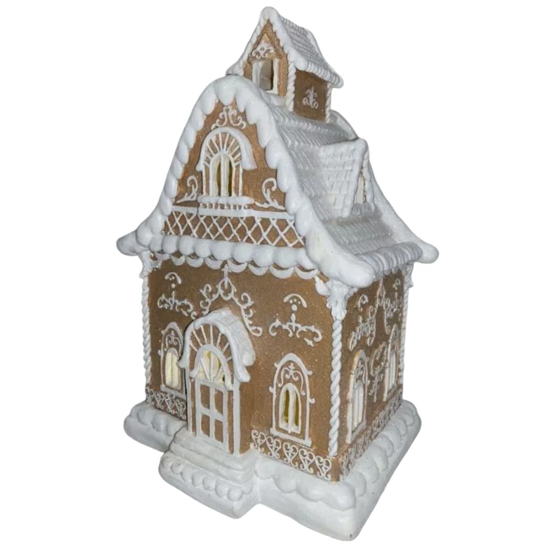 Christmas Light Brown 14" Victorian LED Village Icing GINGERBREAD HOUSE New