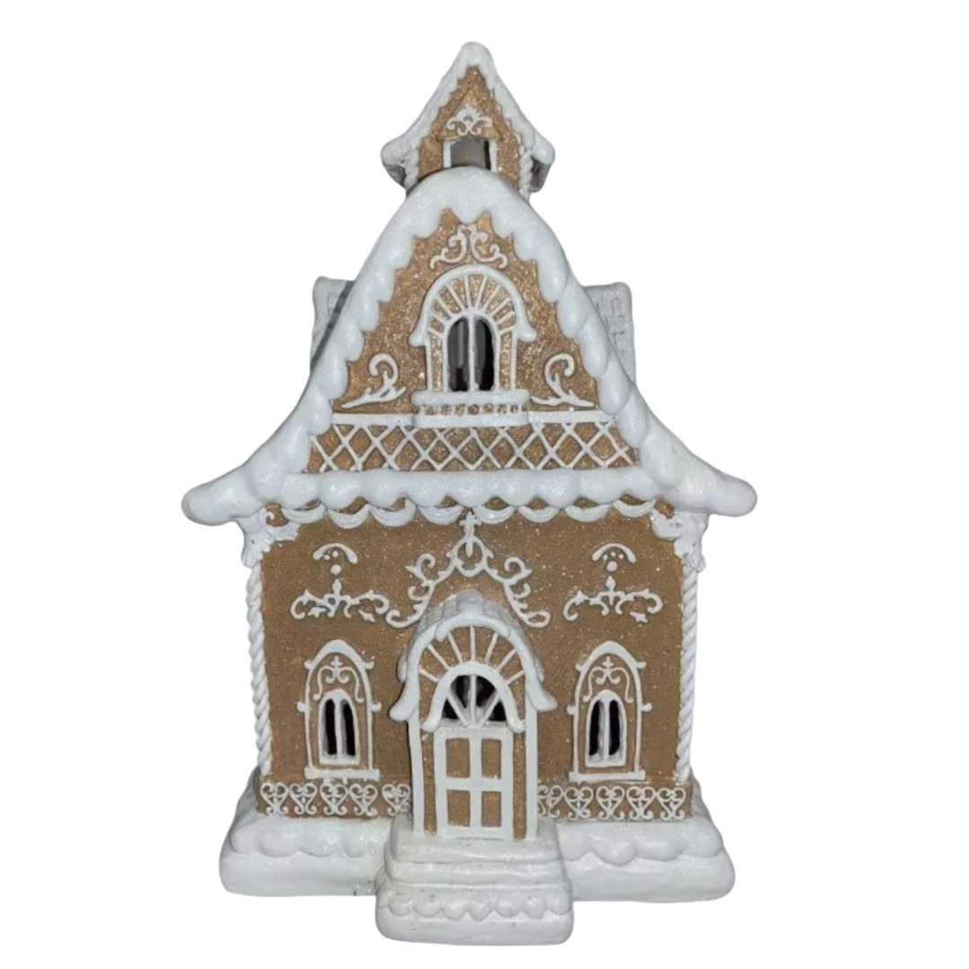 Christmas Light Brown 14" Victorian LED Village Icing GINGERBREAD HOUSE New