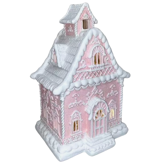 Christmas Pink 14" Victorian LED Village Icing Resin GINGERBREAD HOUSE Decor New