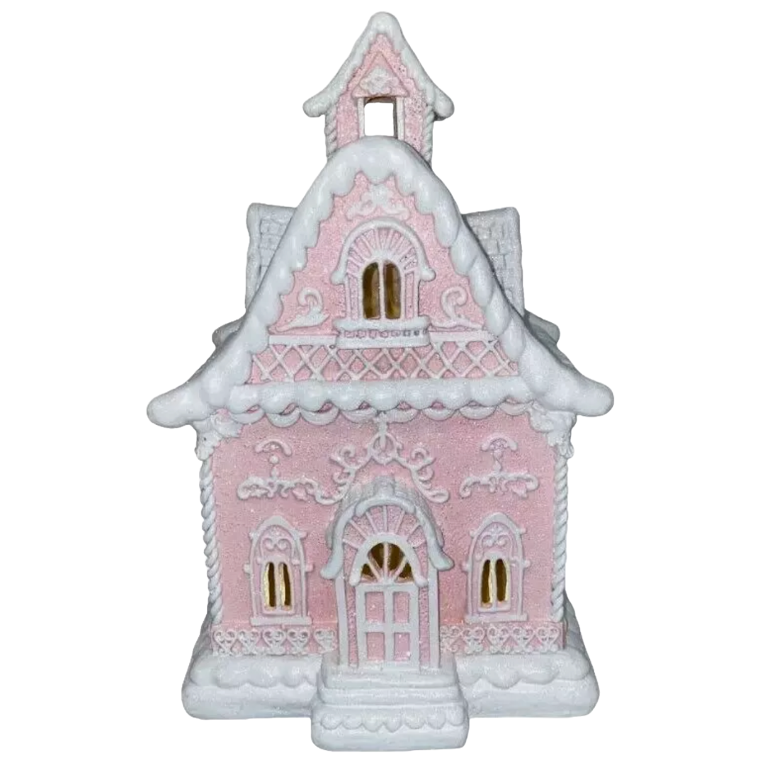 Christmas Pink 14" Victorian LED Village Icing Resin GINGERBREAD HOUSE Decor New