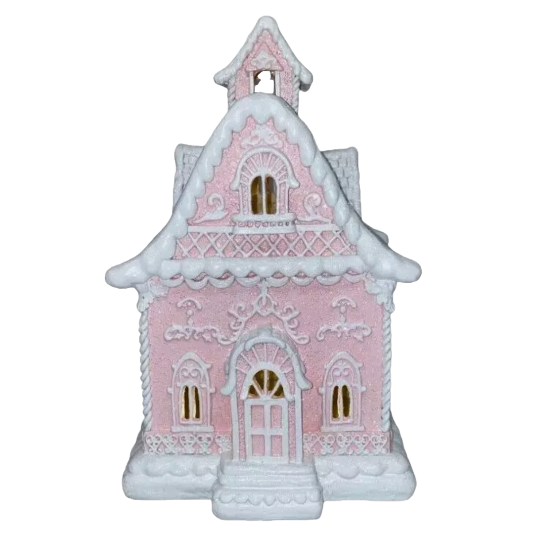 Christmas Pink 14" Victorian LED Village Icing Resin GINGERBREAD HOUSE Decor New