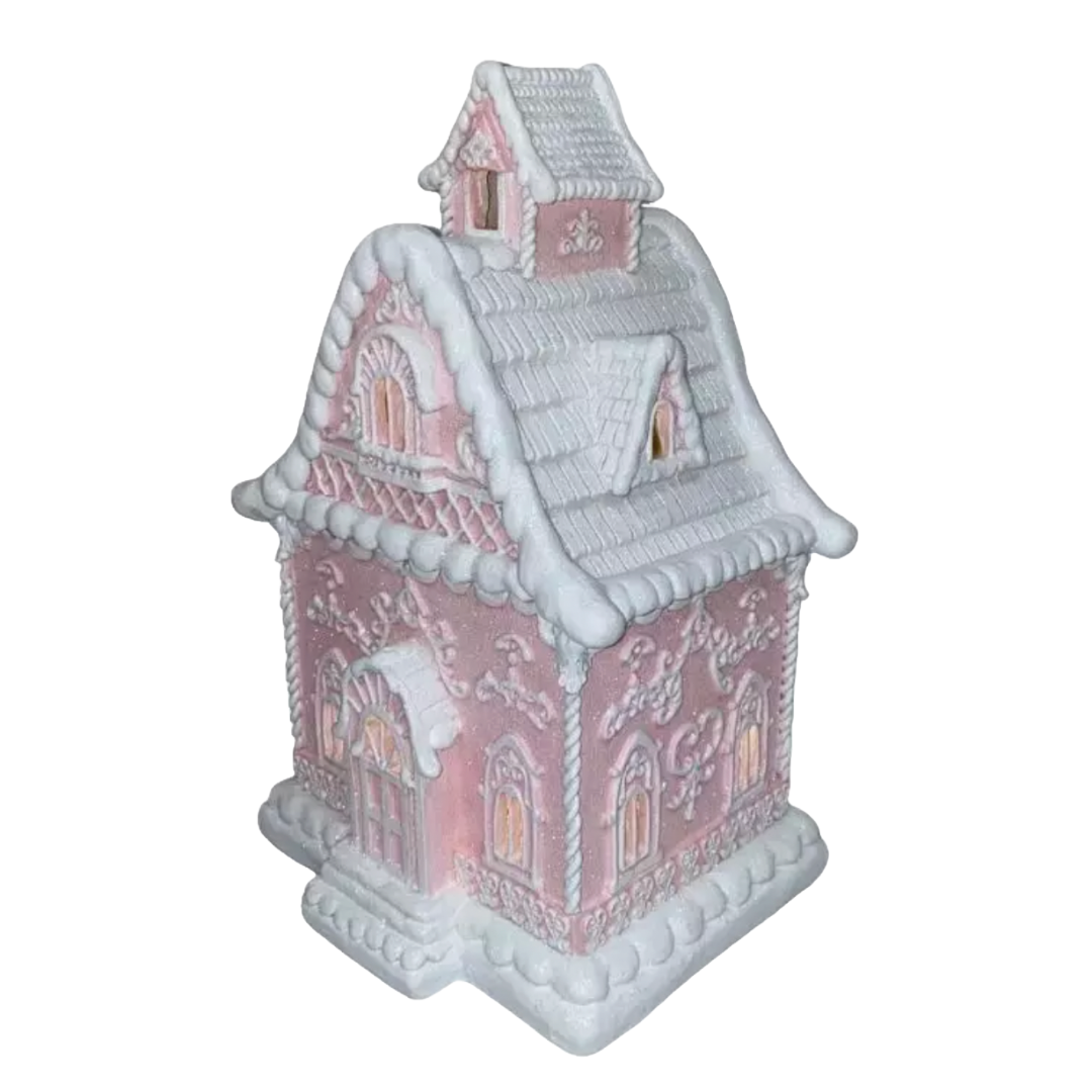 Christmas Pink 14" Victorian LED Village Icing Resin GINGERBREAD HOUSE Decor New