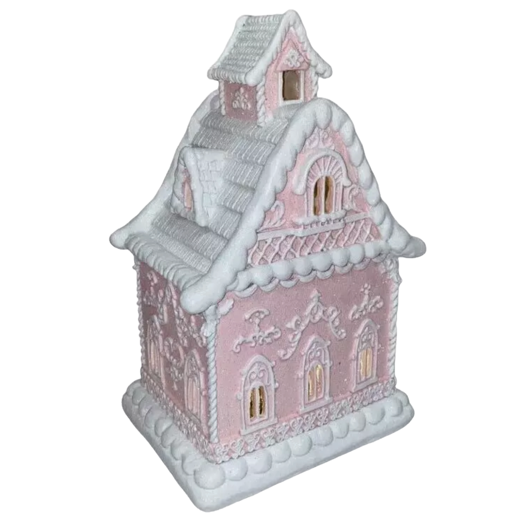 Christmas Pink 14" Victorian LED Village Icing Resin GINGERBREAD HOUSE Decor New