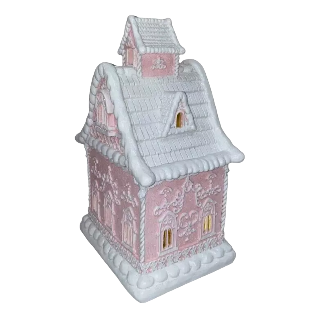 Christmas Pink 14" Victorian LED Village Icing Resin GINGERBREAD HOUSE Decor New