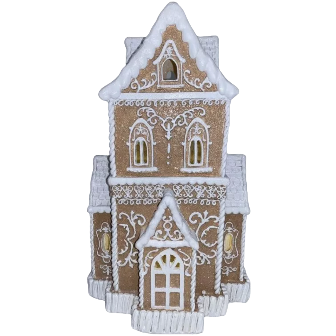 Christmas Tan Victorian Glitter Lighted Gingerbread Hand Painted House 14" NEW