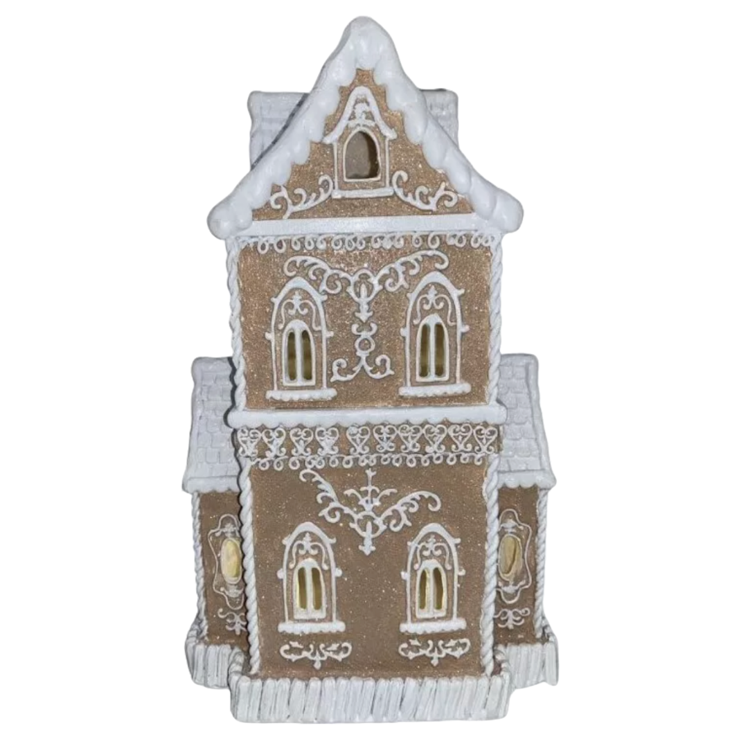 Christmas Tan Victorian Glitter Lighted Gingerbread Hand Painted House 14" NEW