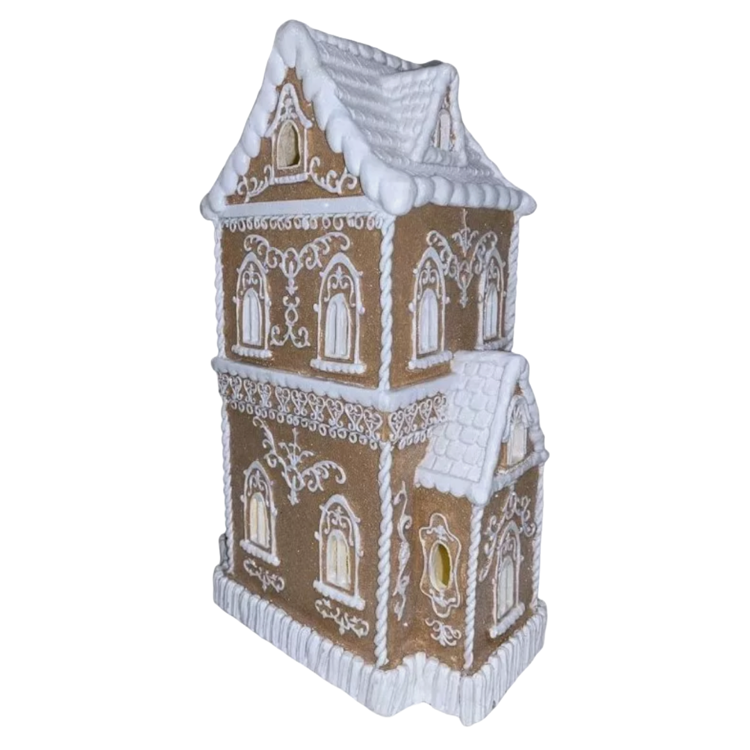 Christmas Tan Victorian Glitter Lighted Gingerbread Hand Painted House 14" NEW