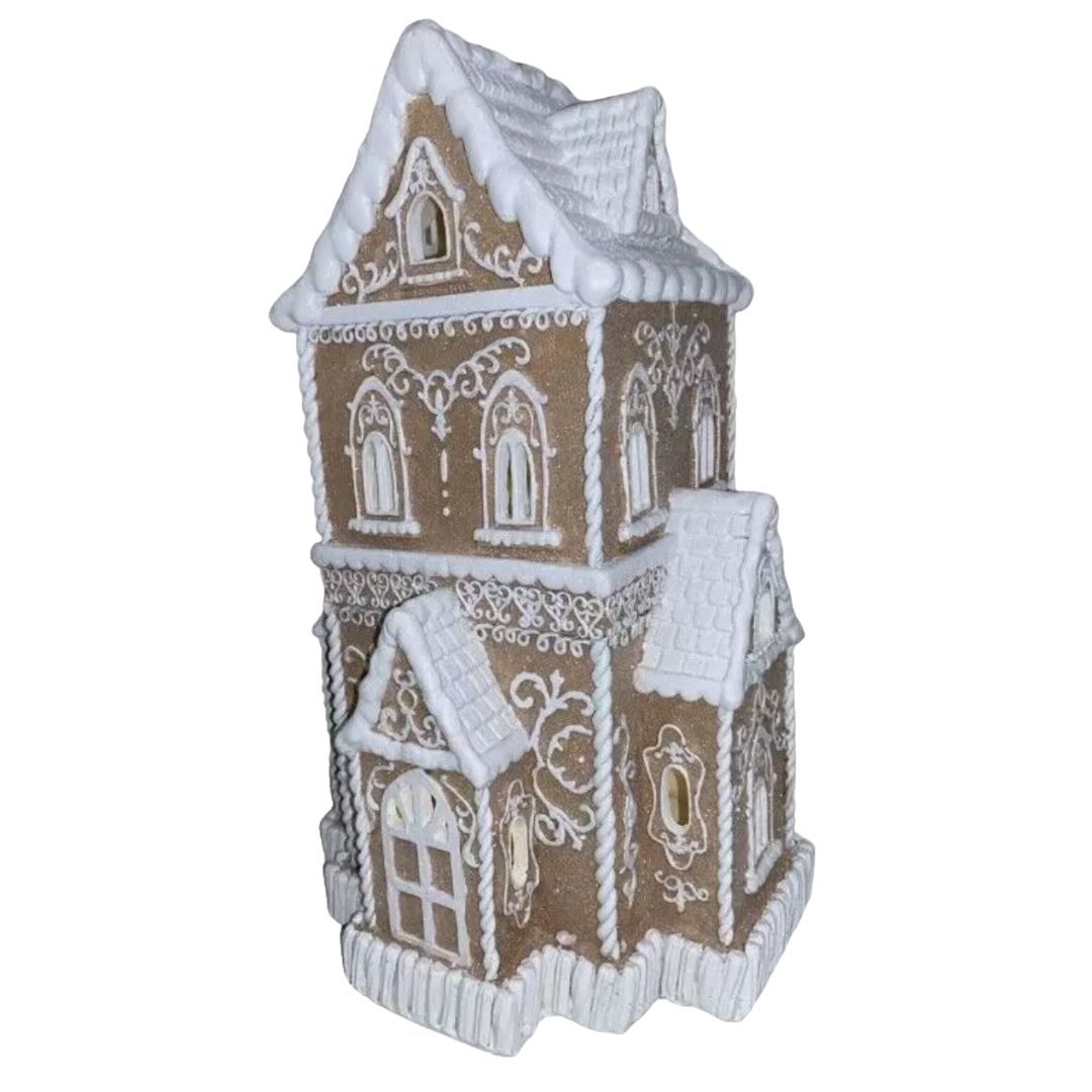 Christmas Tan Victorian Glitter Lighted Gingerbread Hand Painted House 14" NEW