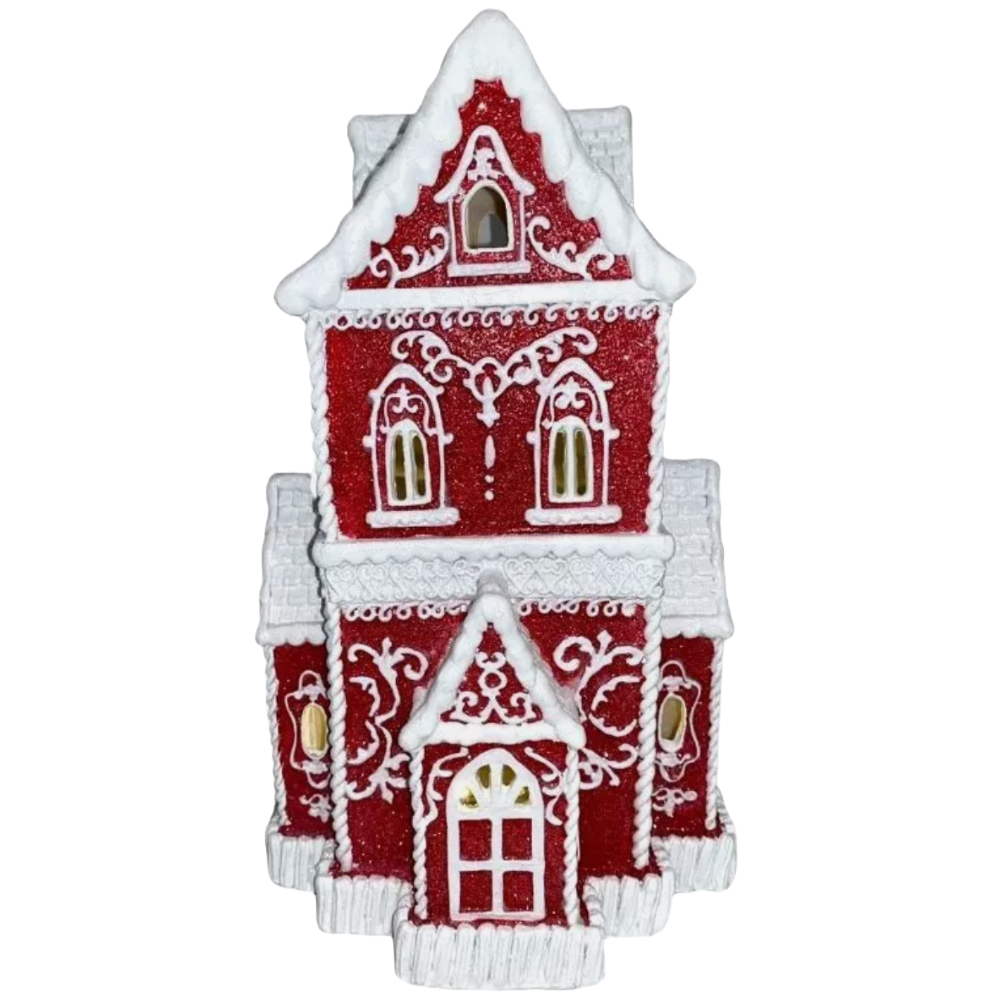 Christmas Red Victorian Glitter Lighted Gingerbread Hand Painted House 14"