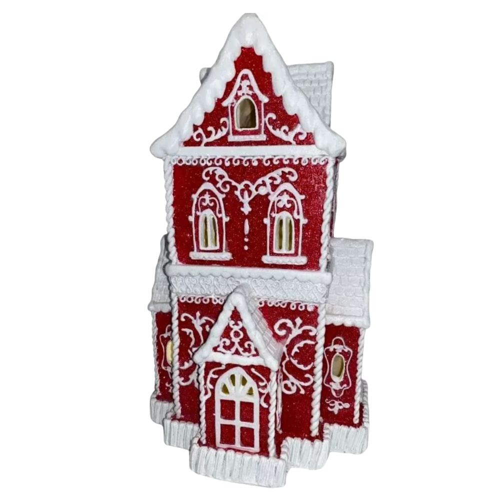 Christmas Red Victorian Glitter Lighted Gingerbread Hand Painted House 14"