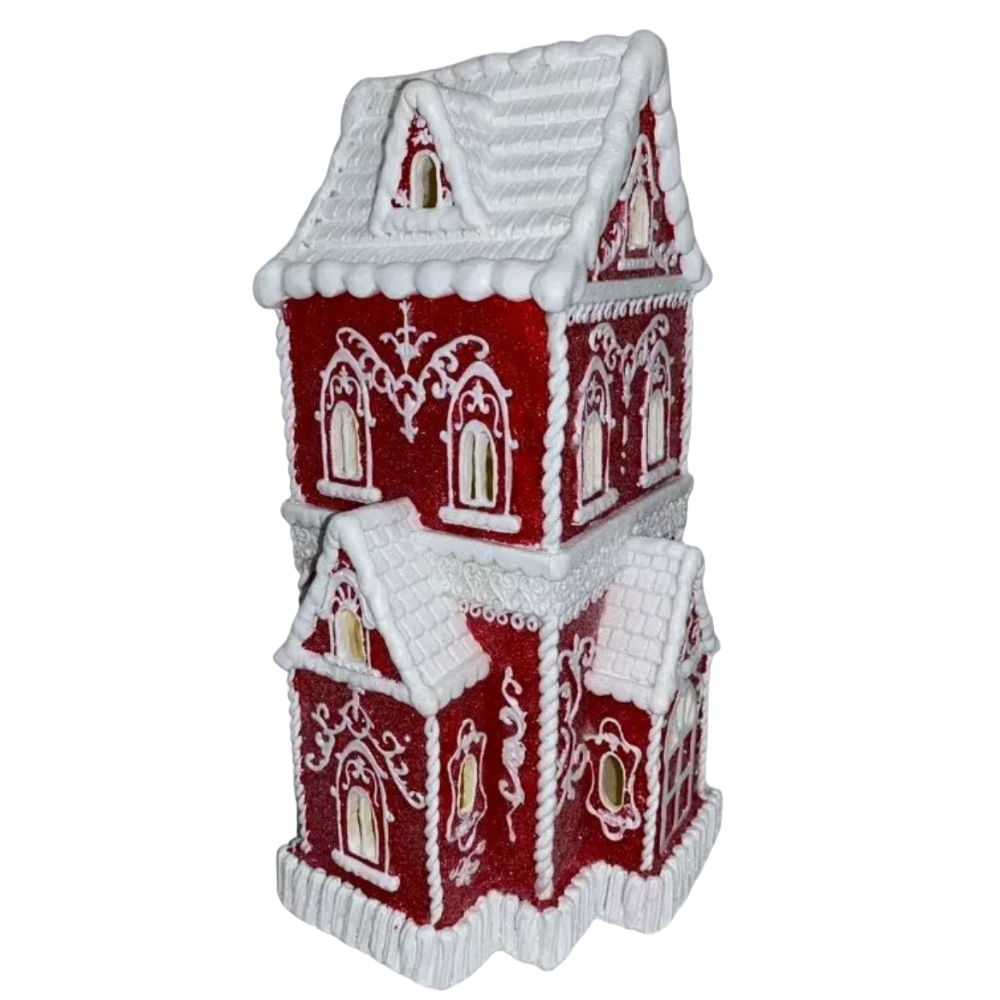 Christmas Red Victorian Glitter Lighted Gingerbread Hand Painted House 14"