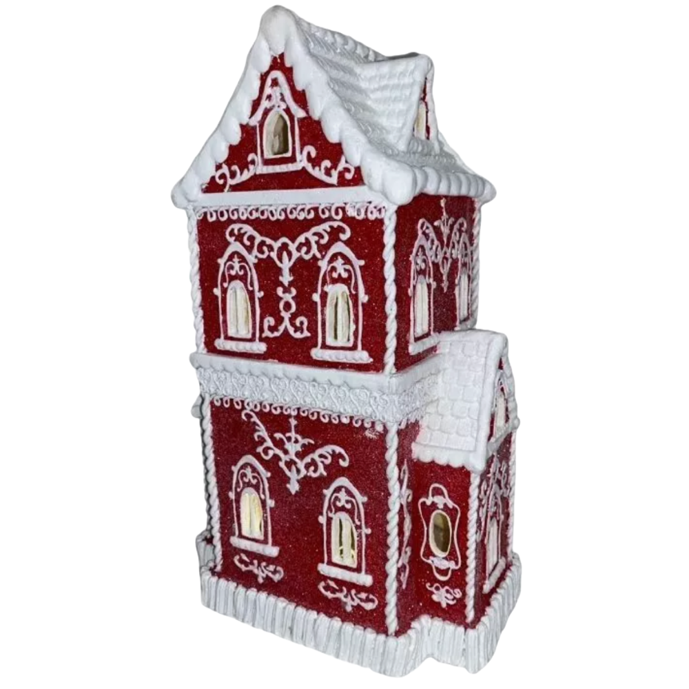 Christmas Red Victorian Glitter Lighted Gingerbread Hand Painted House 14"