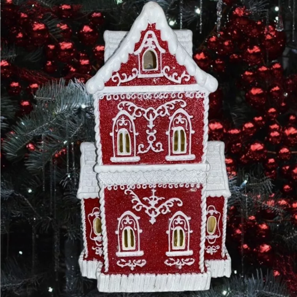 Christmas Red Victorian Glitter Lighted Gingerbread Hand Painted House 14"