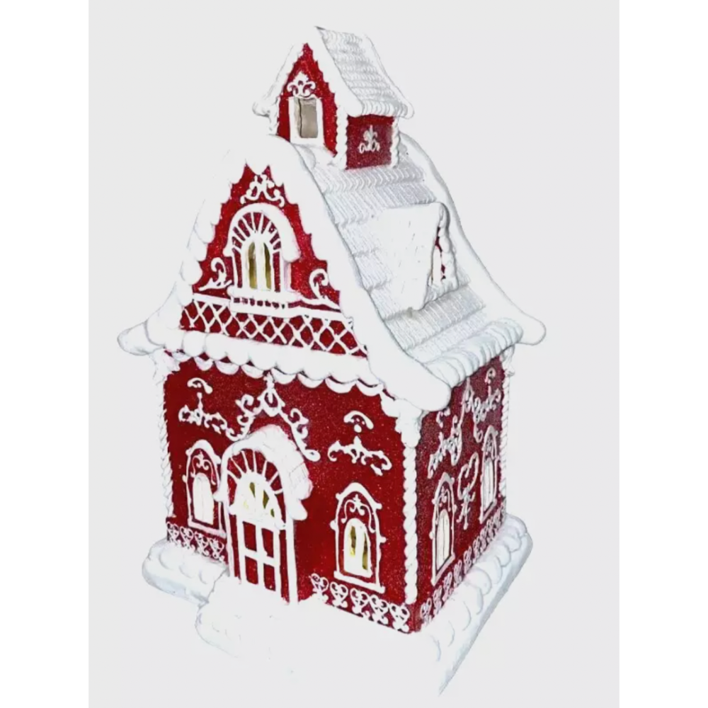 Christmas Red 14" Victorian LED Village Icing Resin GINGERBREAD HOUSE Decor New