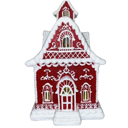 Christmas Red 14" Victorian LED Village Icing Resin GINGERBREAD HOUSE Decor New