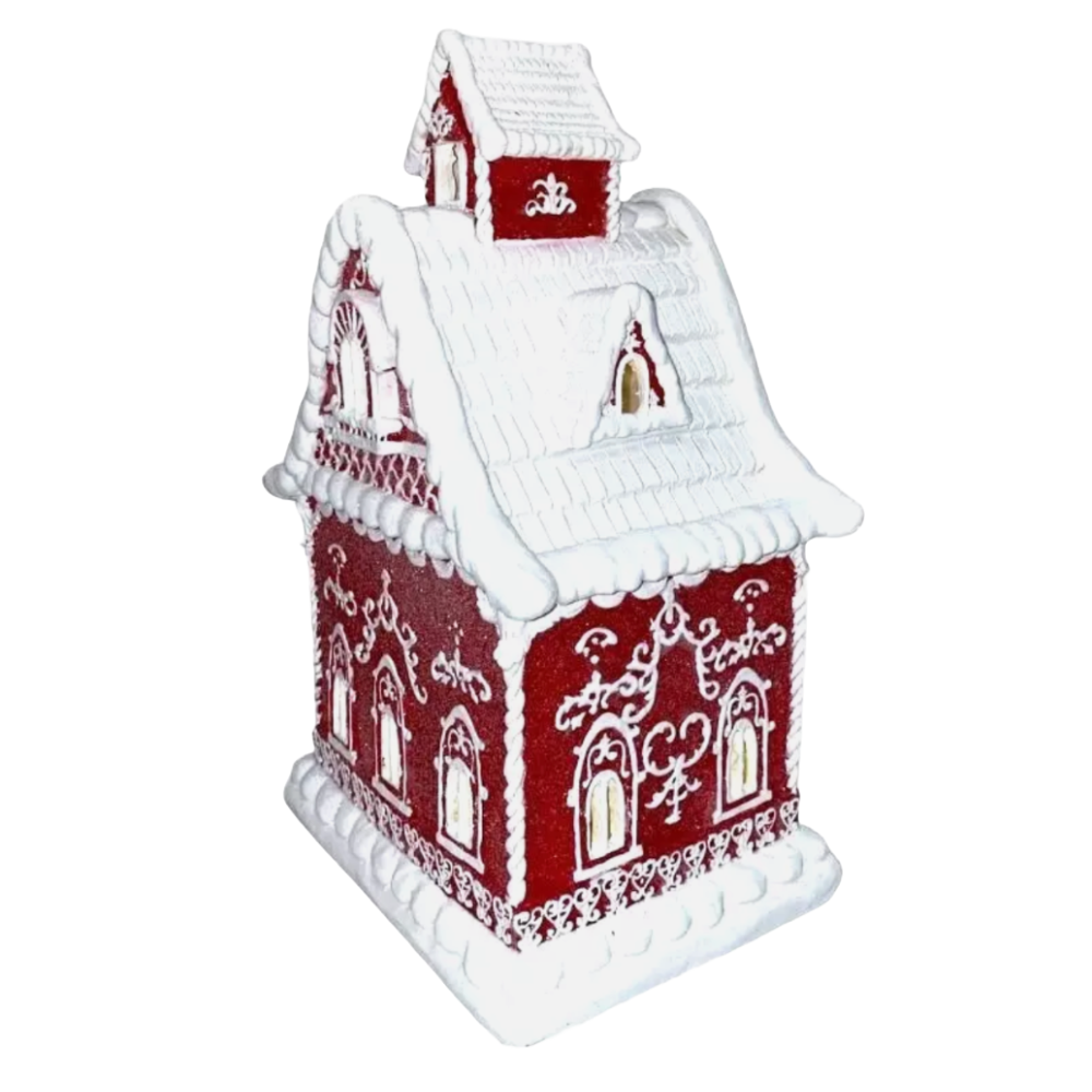 Christmas Red 14" Victorian LED Village Icing Resin GINGERBREAD HOUSE Decor New