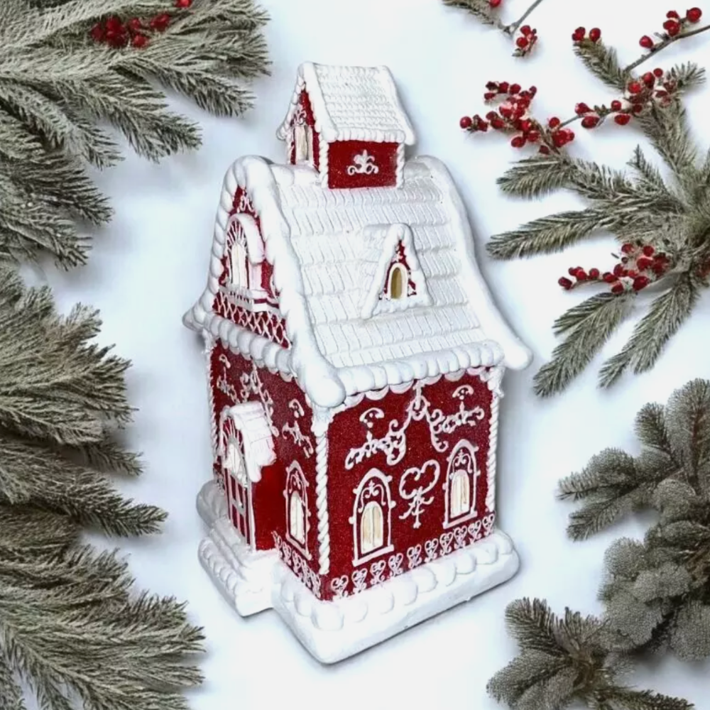 Christmas Red 14" Victorian LED Village Icing Resin GINGERBREAD HOUSE Decor New